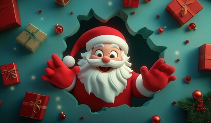 3d cartoon of happy Santa Claus breaking through a cutout hole in the wall with hands outstretched to hug you surrounded by Christmas gifts and ornaments.