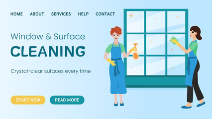 Vector web banner of professional window and surface cleaning service with two cleaners making glass shine. Perfect design for marketing promoting, advertisement, landing for cleaning companies.