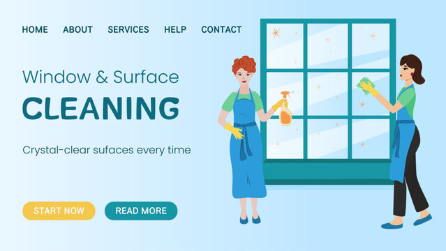 Vector web banner of professional window and surface cleaning service with two cleaners making glass shine. Perfect design for marketing promoting, advertisement, landing for cleaning companies.