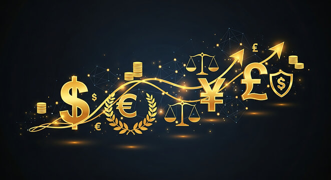 Golden currency symbols, upward trends, and financial elements on a dark background, illustrating global economic growth and successful investment strategies