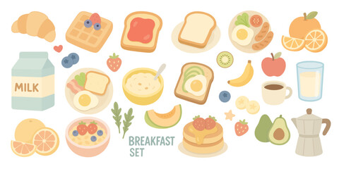 食材と飲み物のナチュラル朝食セットイラスト、Natural Breakfast Food and Drink Illustration Set