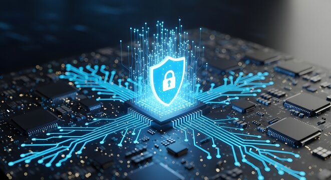 Glowing blue security shield with a lock icon on a central processor unit. Cyber protection, data security, and network defense. Abstract firewall concept on a high-tech computer chip.