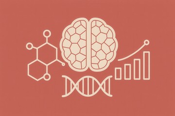 Abstract illustration of brain connected with DNA structure, chemical bonds, and growth graphs highlighting neurobiology and evolution in a modern scientific context