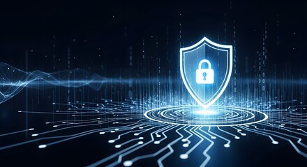 Glowing blue shield with a lock icon over a futuristic circuit board. Cyber security, data protection, and network defense. Abstract firewall concept on a digital technology background.