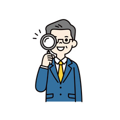 笑顔で虫眼鏡を覗く、上司・社長・経営者のシンプルな上半身ベクターイラスト素材＿カラー