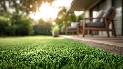 Lush green lawn and patio furniture on a sunny day