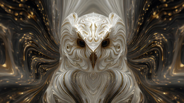 Stylized White and Gold Owl in Abstract Digital Form - Powered by Adobe