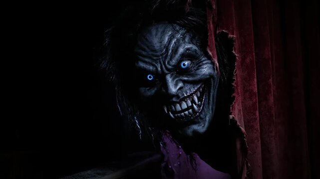Horror monster peeks through torn curtain with glowing blue eyes. Scary creature emerges from window at night. Monster shows teeth behind curtain. Horror demon appears in darkness. Scary face peeks