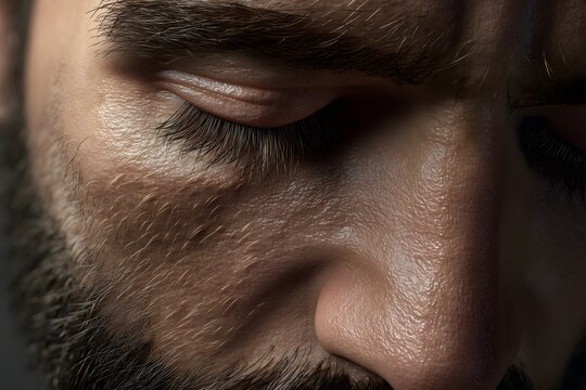 Close-up of a man's face in deep thought with eyes closed - Powered by Adobe