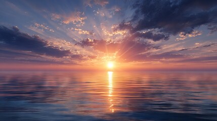 Vibrant colorful sunset over calm ocean waves reflecting warm golden light serene seascape horizon with dramatic clouds for nature travel landscape background