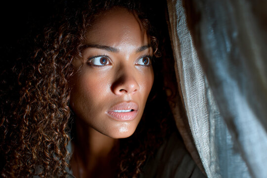 Woman peeking out the window with curiosity during the evening hours Generative AI