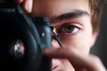 Close up shot of a photographer holding camera to eye to take pictures