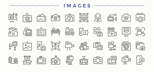 Images icon set. Minimalist linear icons. Editable stroke. Vector illustration. Cam linear icon set. Includes thin line symbols photography, media, photo, cam, film and more.
