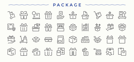 Package vector icon set. Web icons pack. Art and illustration. Packaging simple icon set. Containing celebration, christmas, present, gifts, surprise, packaging and more.