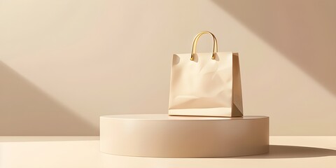 Beige Shopping Bag Pedestal Display Minimal E-commerce Copy-Space Left