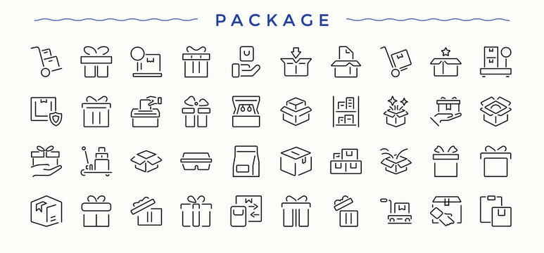 Package vector icon set. Web icons pack. Art and illustration. Packaging simple icon set. Containing celebration, christmas, present, gifts, surprise, packaging and more. - Powered by Adobe