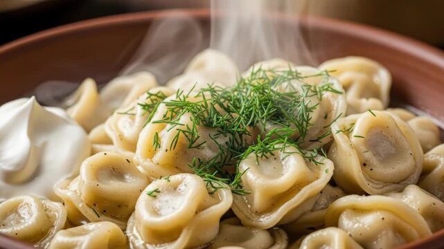 Steaming dumplings with fresh dill and sour cream garnish in closeup culinary sequence
