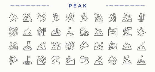 Peak line icon set. Camp linear icon collection. Containing campfire, forest, tent, fishing, travel, tour and more. Pixel perfect. Editable stroke. © Rubbble