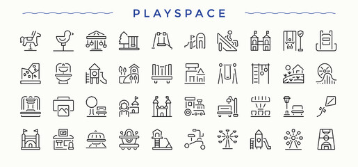 Set of Playground line icon. Includes symbols for kindergarten, activity, game, play, park and more. Outline icons in linear style. Activity icon collection. Vector collections.