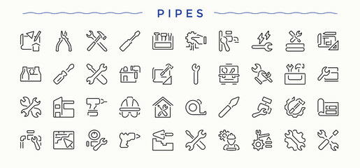 Pipes icon set in linear style. Included tool, carpenter, wood craft, repair, handyman, carpentry and more. Craft icon set. Outline icons in linear style. Vector illustration.