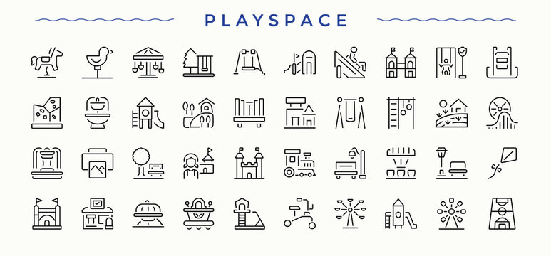 Set of Playground line icon. Includes symbols for kindergarten, activity, game, play, park and more. Outline icons in linear style. Activity icon collection. Vector collections.