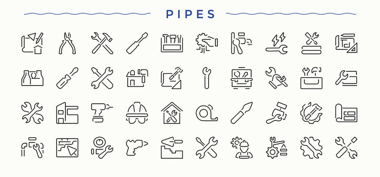 Pipes icon set in linear style. Included tool, carpenter, wood craft, repair, handyman, carpentry and more. Craft icon set. Outline icons in linear style. Vector illustration.