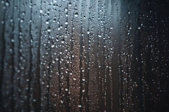 Raindrops cling to a windowpane on a rainy day creating streaks