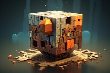 Futuristic abstract cube structure dismantling into smaller pieces on a reflective surface