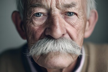 Intense portrait of elderly man with striking blue eyes and expressive mustache