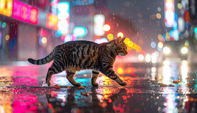 Cat walking on a wet street at night