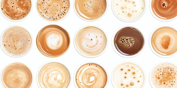 Top-down view of twenty coffee cups showcasing various shades of crema and latte art patterns