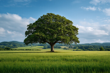 Solitary tree stands tall in a green field under a blue sky, embodying nature's serenity and resilience. Landscape photography.