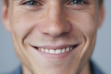 Fototapeta premium Close-up of a young man's smiling face with fair skin and blue eyes