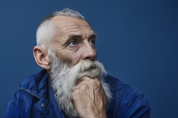 Portrait of pensive senior man with white beard in blue jacket contemplating life