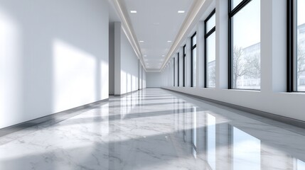 Fototapeta premium A spacious, modern hallway featuring large windows and polished marble floors, creating a bright and airy atmosphere suitable for various uses.