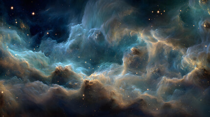 Fototapeta premium Blue and gold cosmic clouds over starscape with galactic mist