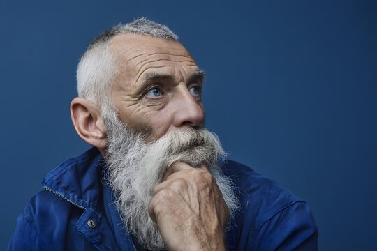 Portrait of pensive senior man with white beard in blue jacket contemplating life