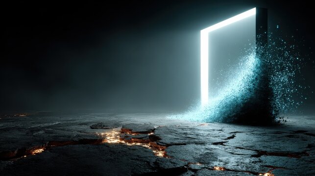 Glowing Rectangular Portal Emitting Blue Particles onto Cracked Earth at Night abstract neon