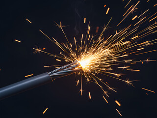 Electric cable short circuit with bright burning sparks on dark background