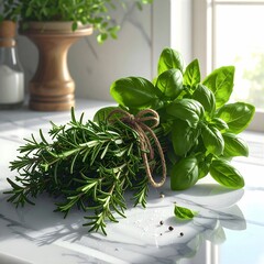 Arrangement aus frischem Basilikum und Rosmarin auf einer weißen Marmor-Küchenarbeitsplatte im natürlichen Tageslicht