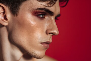 Profile portrait of a handsome man with striking red eye makeup looking to the right
