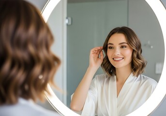 Beautiful Woman Checking Hair and Makeup in Illuminated Mirror