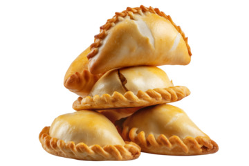 Fried baked pastry empanadas filled with ground beef cheese ham and crimped edges, isolated on white transparent background, concept of traditional Argentina snack