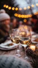 Warm ambiance with glasses of white wine on a wooden table, surrounded by candlelight and pinecones during an outdoor winter gathering.