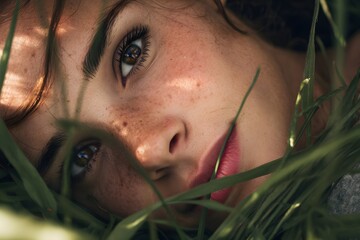 Close up of freckled face resting in green grass on a sunny day