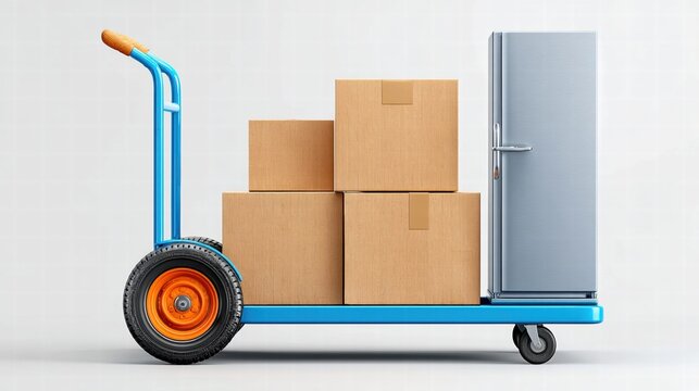 Moving day: Boxes and a refrigerator loaded on a hand truck.