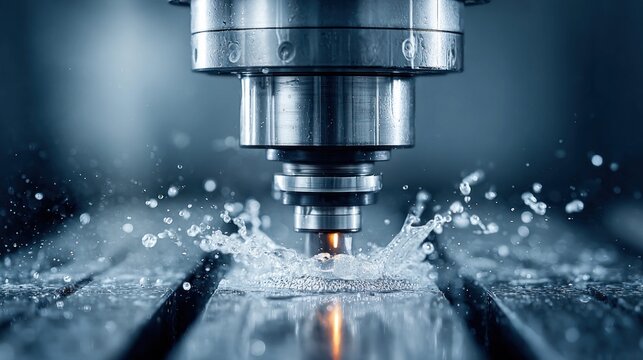 Close-up of a CNC machine in operation with water cooling and metalworking