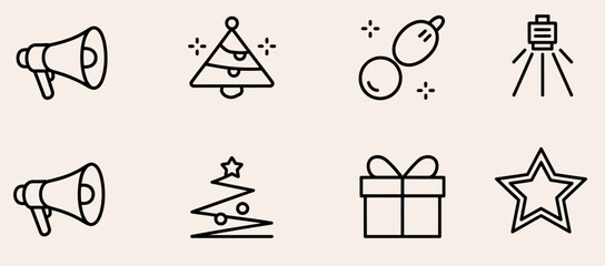 Set of holiday icons featuring Christmas trees gifts and decorations minimalist vector design for festive web and print projects