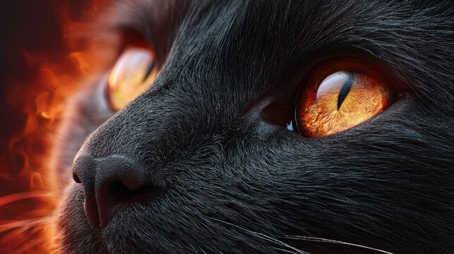 Dramatic close-up of a black cat with fiery orange eyes