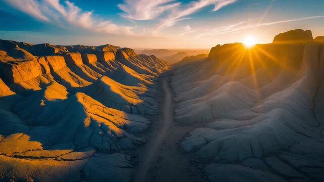 Aerial view of dramatic rocky terrain with deep valleys and ridges during sunset showcasing textured cliffs and soft shadows as the sun sets illuminating the landscape with warm golden light and